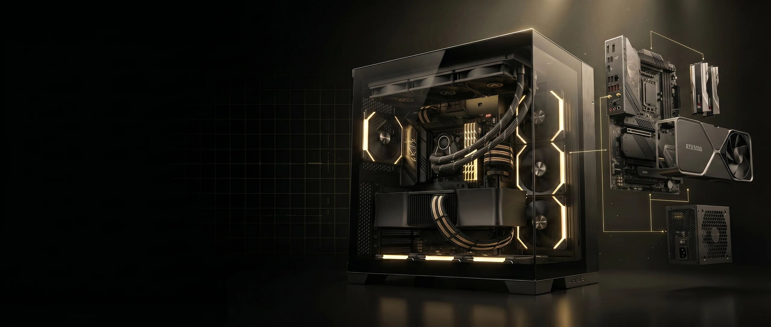 NVSX premium custom PC build with exploded component view